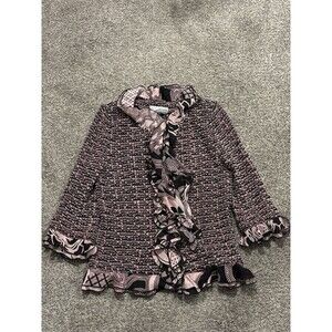 Stunning ST. JOHN COLLECTION PINK/BLACK WHITE Tweed Silk RUFFLED Fitted JACKET 6